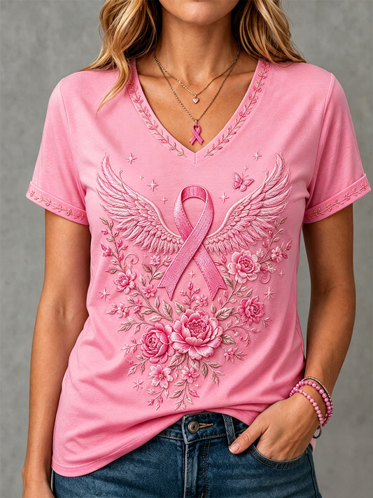 Roze dames-T-shirt met bloemenprint ter ondersteuning van borstkankerbewustwording en V-hals