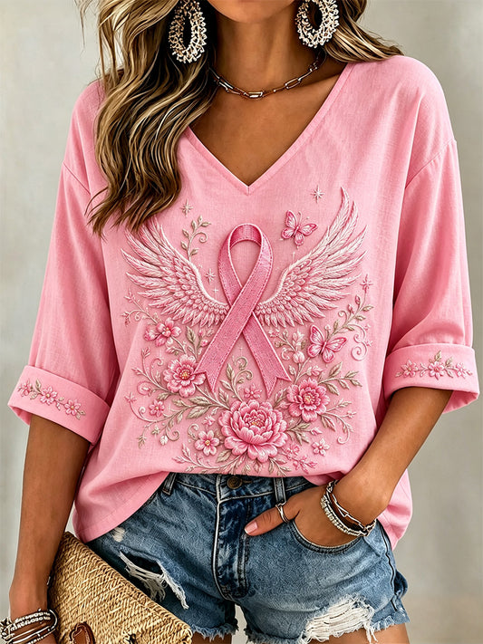 Roze dames-T-shirt met bloemenprint, ter ondersteuning van borstkankerbewustzijn, halflange mouwen en V-hals