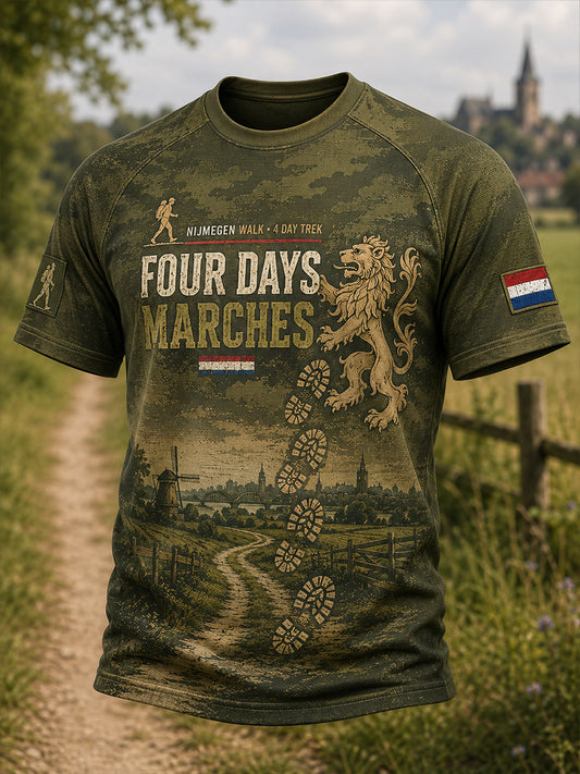Heren-T-shirt met korte mouwen en raglanmouwen, voorzien van een grafische print met de tekst ‘Vierdaagse’