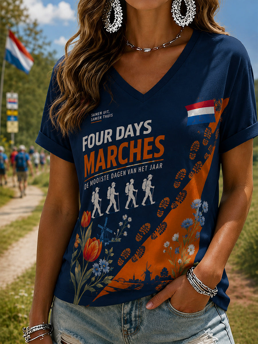Vierdaagsefeestgrafiek T-shirt met V-hals voor dames