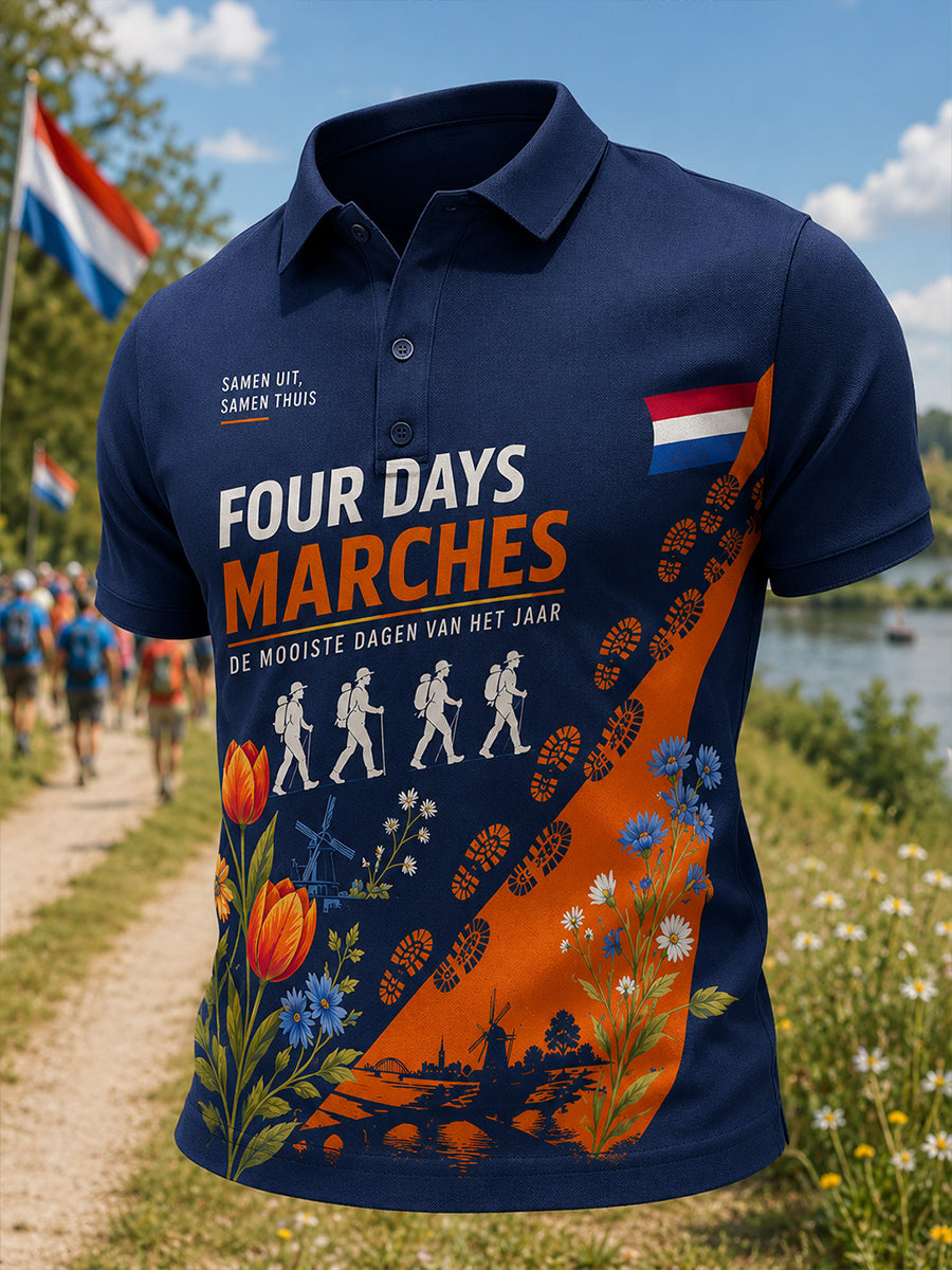 Herenpoloshirt met korte mouwen en grafische print van het Vierdaagsefeest