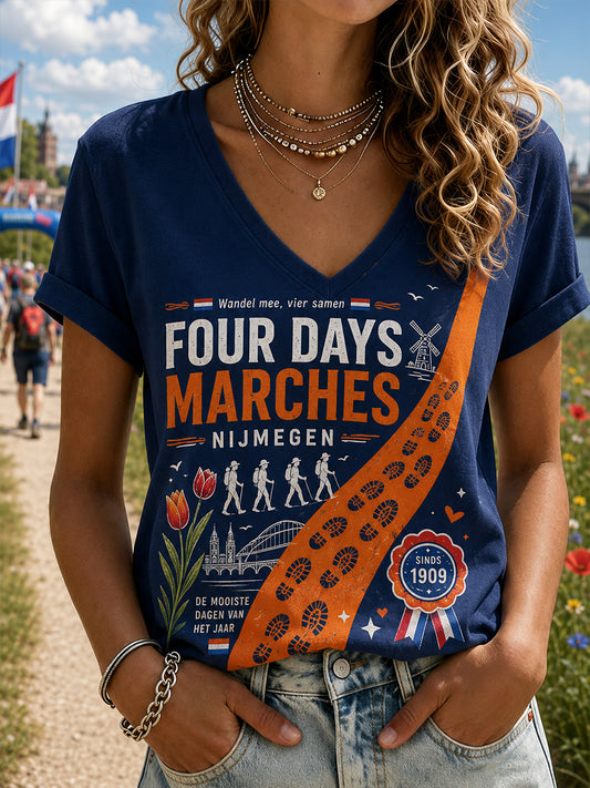 Vierdaags maart Festival grafische V-hals T-shirt voor dames
