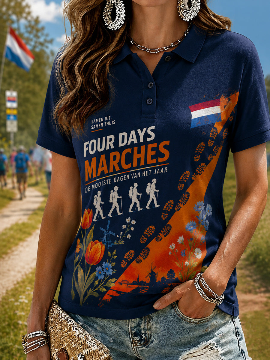 Vierdaagsefeestgrafische print poloshirt met korte mouwen voor dames