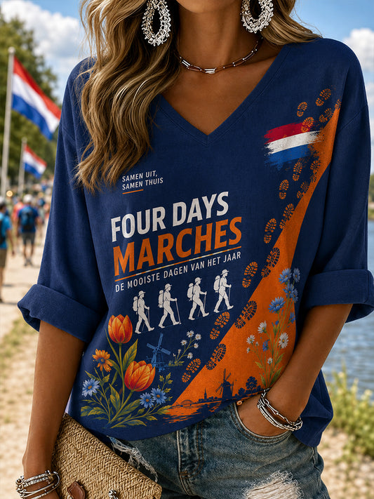 Vrouwen Vierdaagsefeest grafisch topje met V-hals