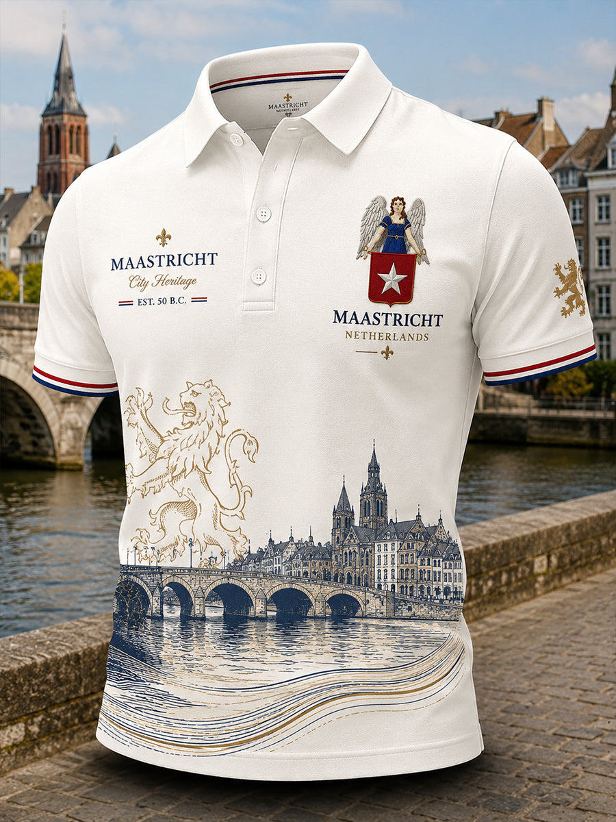 Herenpoloshirt met korte mouwen en stedelijk herdenkingsmotief