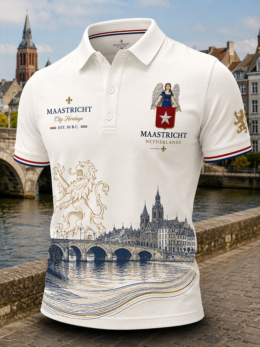 Herenpoloshirt met korte mouwen en stedelijk herdenkingsmotief