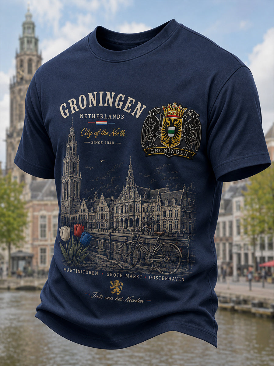 Heren-T-shirt met korte mouwen en stedelijke herdenkingsprint