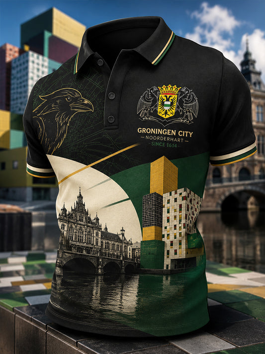 Herenpoloshirt met korte mouwen en stedelijk herdenkingsmotief