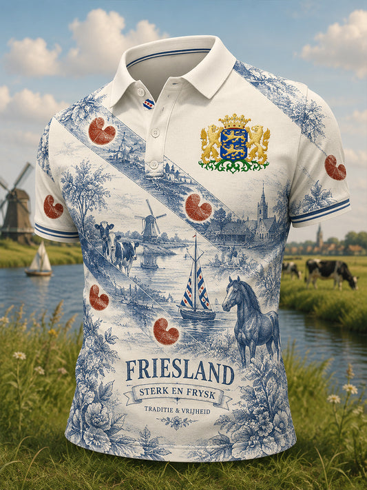 Herenpoloshirt met korte mouwen en stedelijk herdenkingsmotief