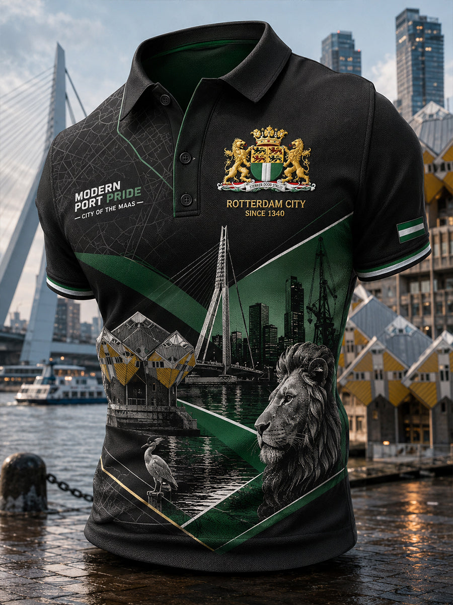 Herenpoloshirt met korte mouwen en stedelijk herdenkingsmotief