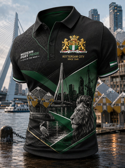 Herenpoloshirt met korte mouwen en stedelijk herdenkingsmotief