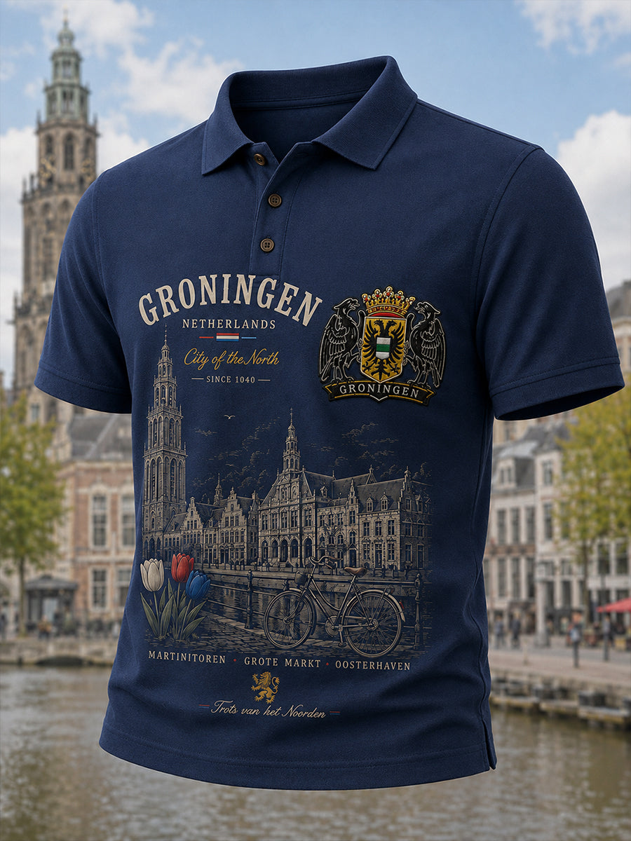 Herenpoloshirt met korte mouwen en stedelijk herdenkingsmotief
