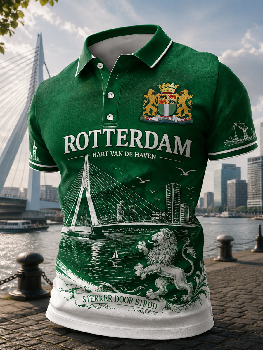 Herenpoloshirt met korte mouwen en stedelijk herdenkingsmotief