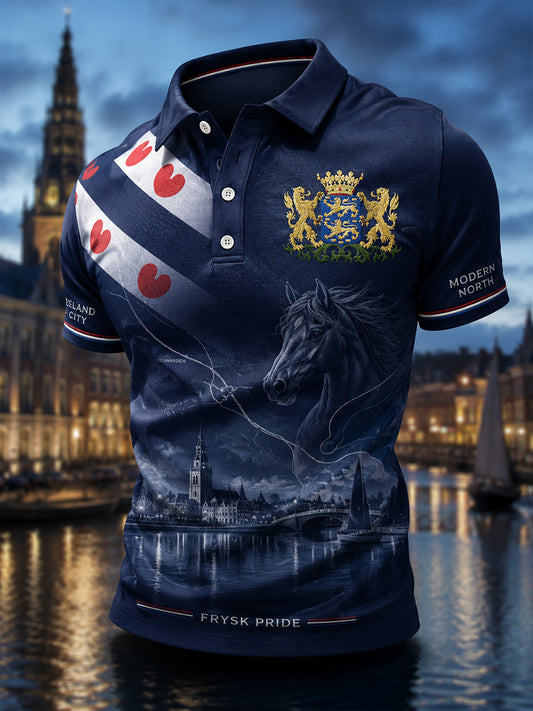 Herenpoloshirt met korte mouwen en stedelijk herdenkingsmotief