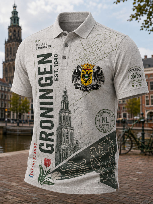 Herenpoloshirt met korte mouwen en stedelijk herdenkingsmotief