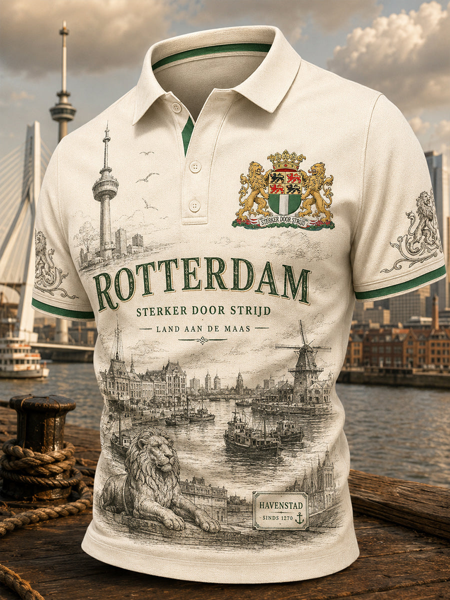 Herenpoloshirt met korte mouwen en stedelijk herdenkingsmotief