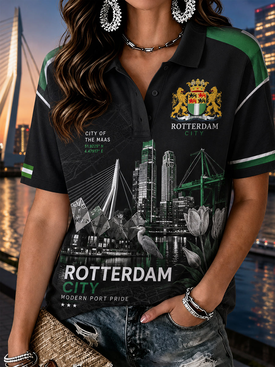 Damespoloshirt met korte mouwen en grafische print van een stads souvenir