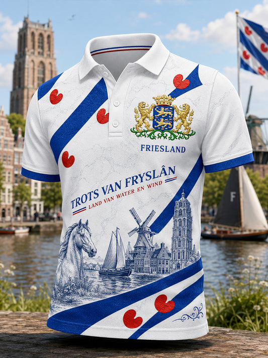 Herenpoloshirt met korte mouwen en stedelijk herdenkingsmotief