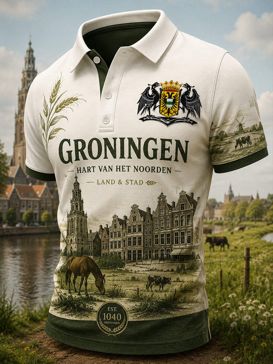 Herenpoloshirt met korte mouwen en stedelijk herdenkingsmotief