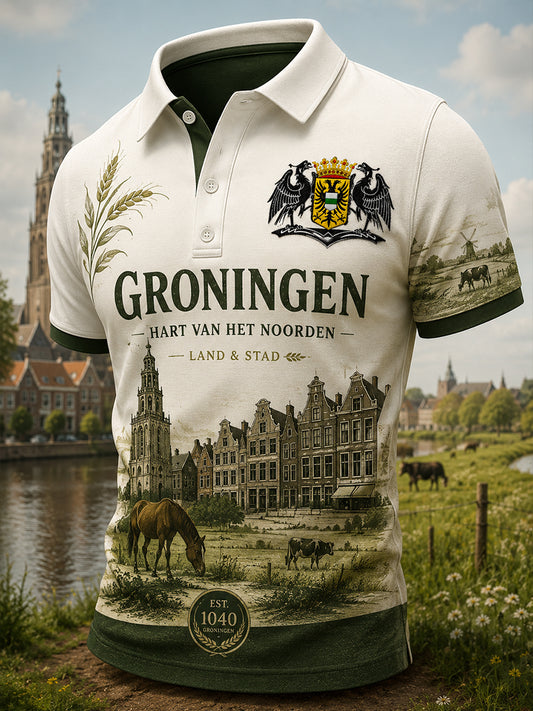 Herenpoloshirt met korte mouwen en stedelijk herdenkingsmotief