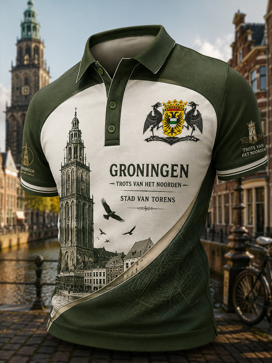 Herenpoloshirt met korte mouwen en stedelijk herdenkingsmotief