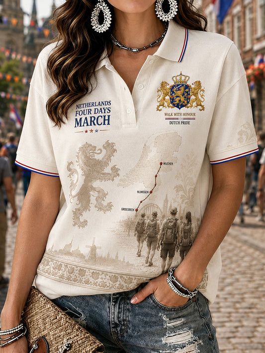 Vierdaagsefeestgrafische print poloshirt met korte mouwen voor dames