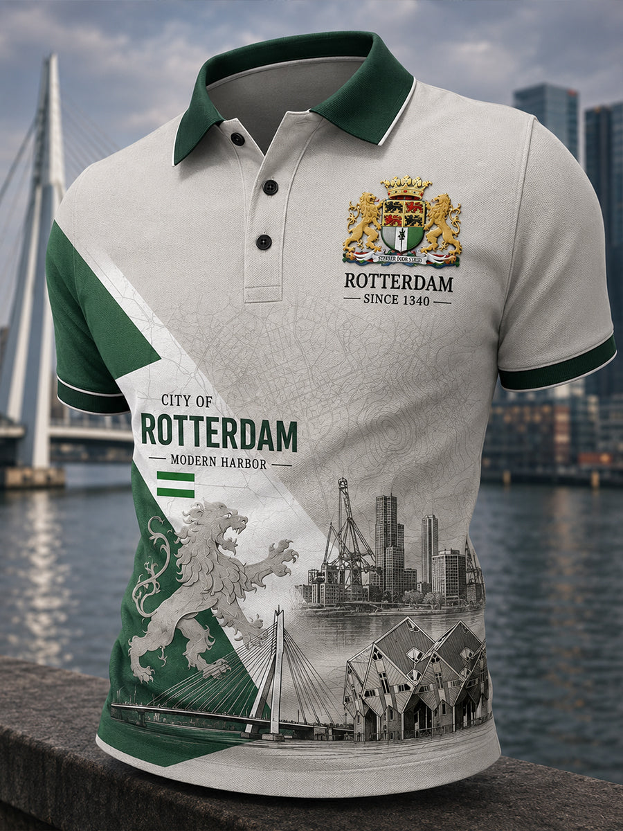 Herenpoloshirt met korte mouwen en stedelijk herdenkingsmotief