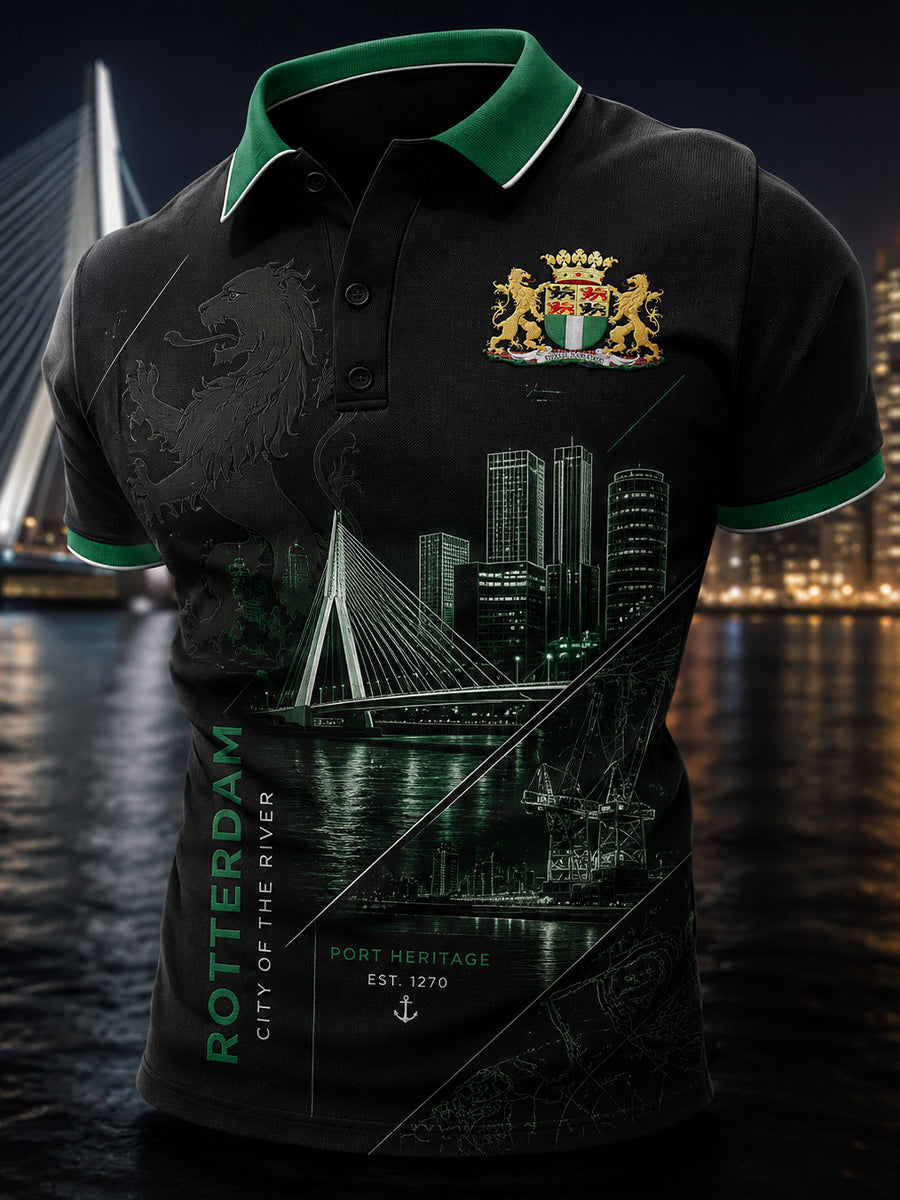 Herenpoloshirt met korte mouwen en stedelijk herdenkingsmotief