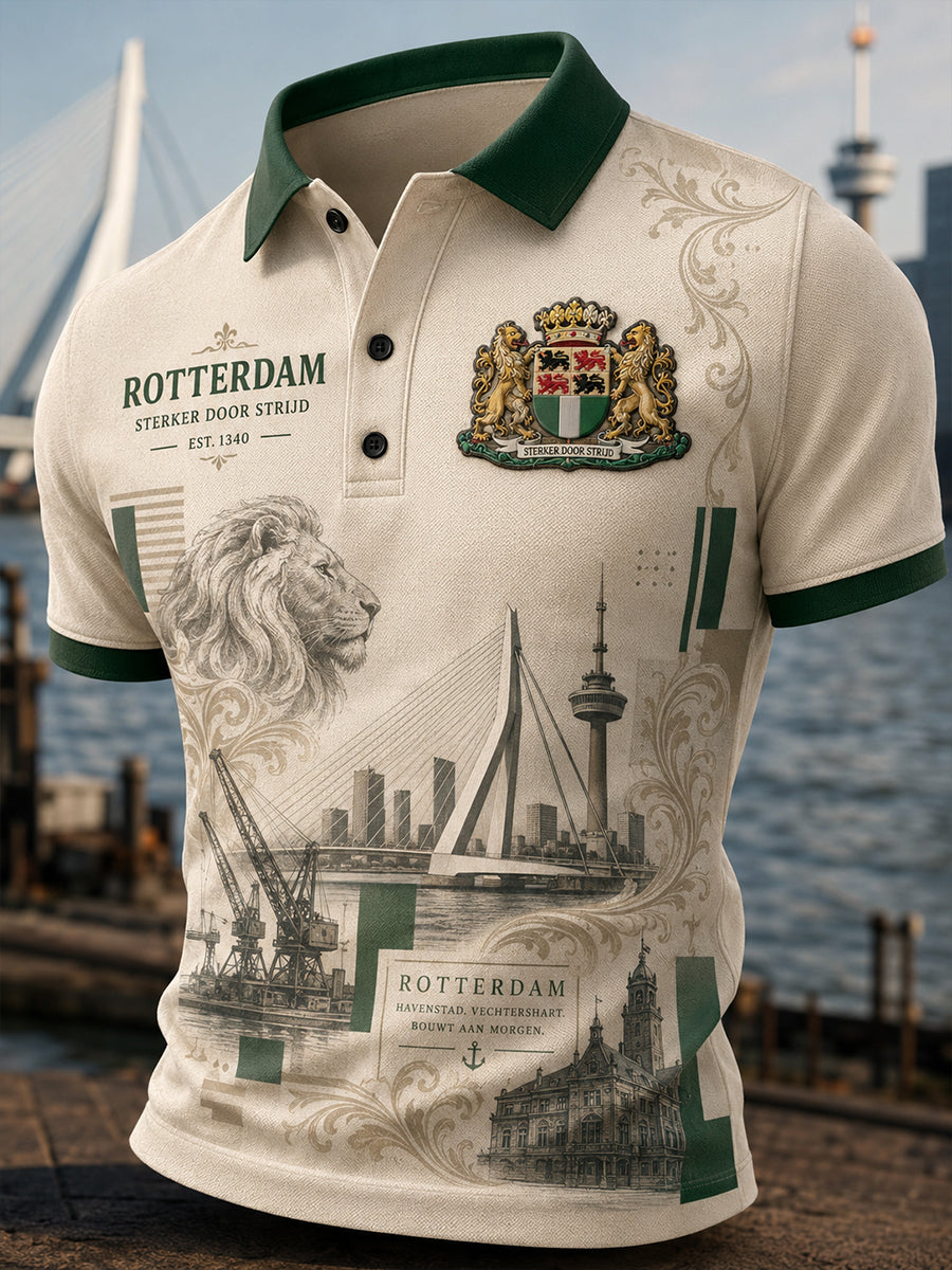 Herenpoloshirt met korte mouwen en stedelijk herdenkingsmotief