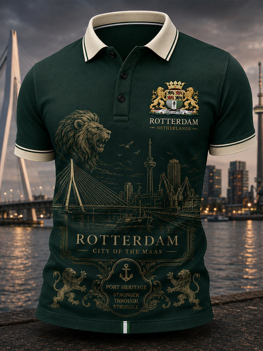 Herenpoloshirt met korte mouwen en stedelijk herdenkingsmotief