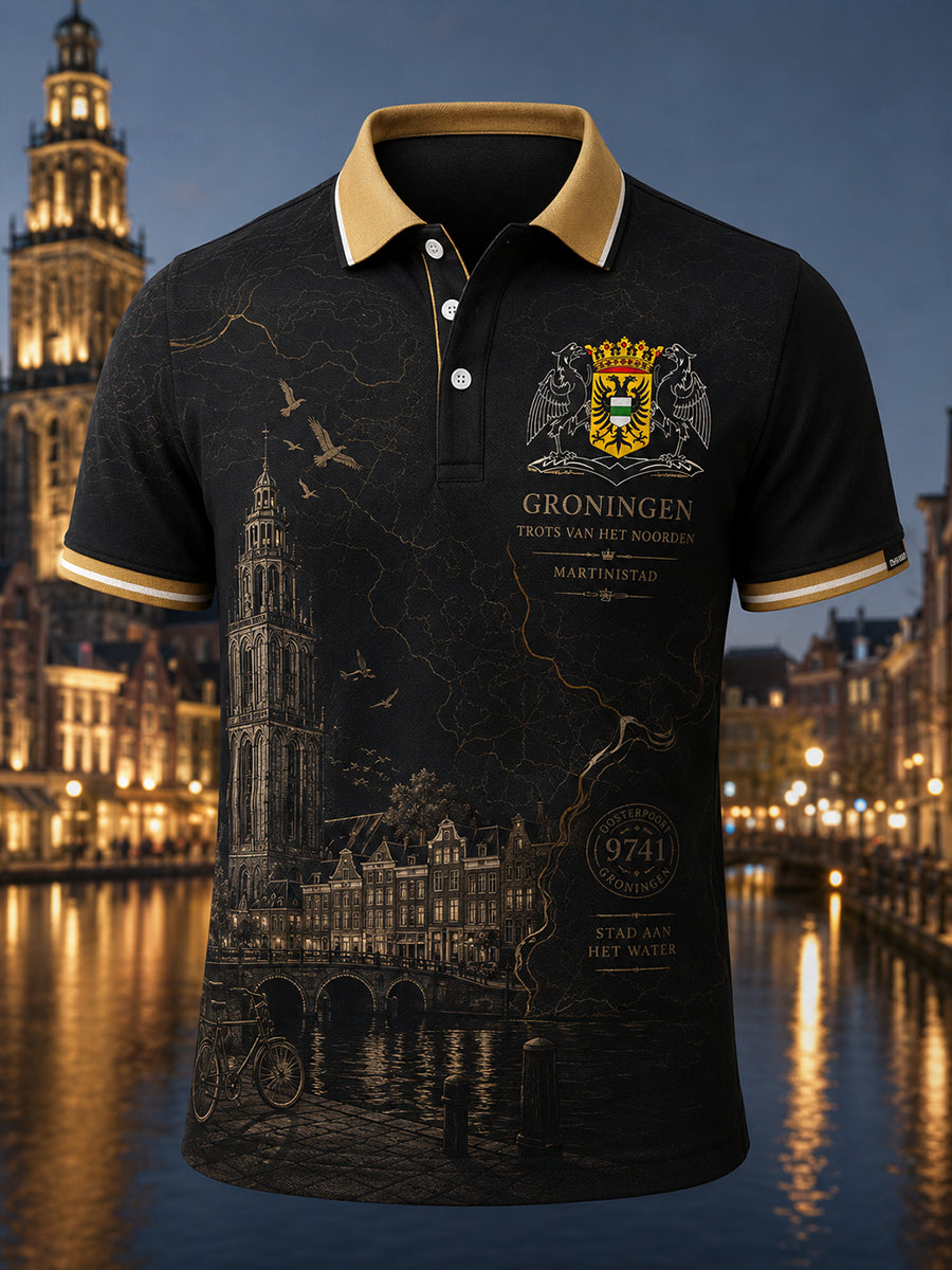 Herenpoloshirt met korte mouwen en stedelijk herdenkingsmotief