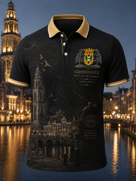 Herenpoloshirt met korte mouwen en stedelijk herdenkingsmotief