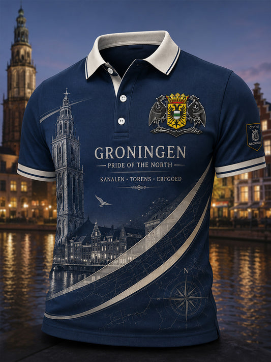 Herenpoloshirt met korte mouwen en stedelijk herdenkingsmotief