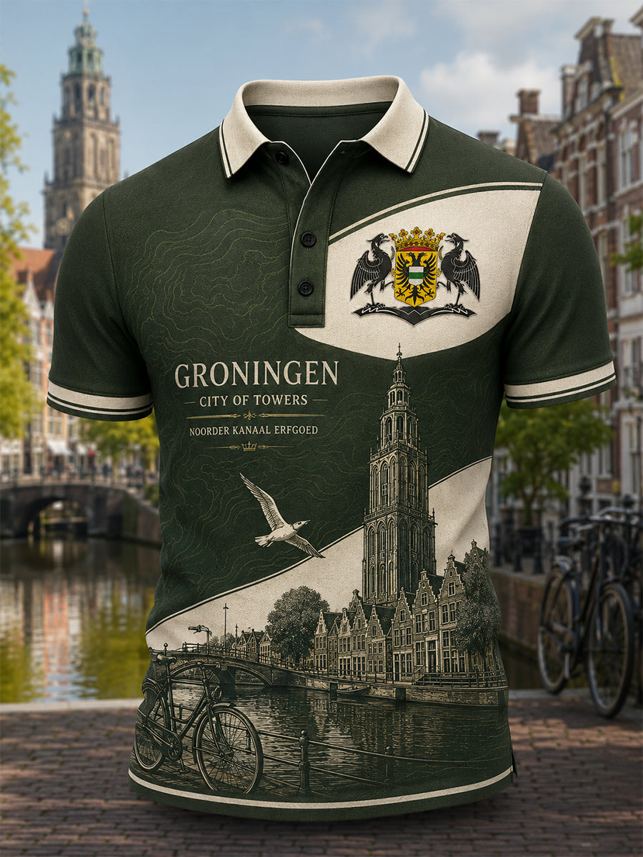 Herenpoloshirt met korte mouwen en stedelijk herdenkingsmotief