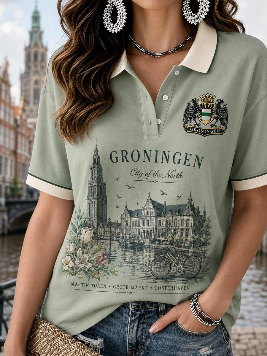 Damespoloshirt met korte mouwen en grafische print van een stads souvenir