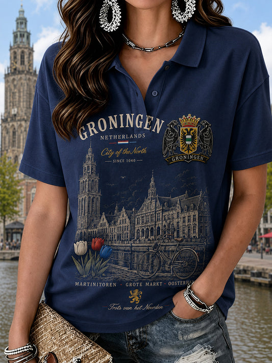 Damespoloshirt met korte mouwen en grafische print van een stads souvenir