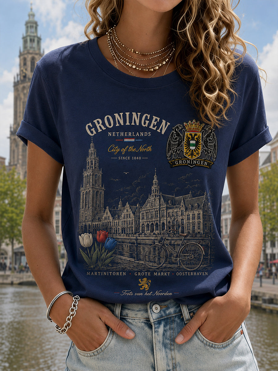 Dames-T-shirt met korte mouwen en grafische print van een stads souvenir
