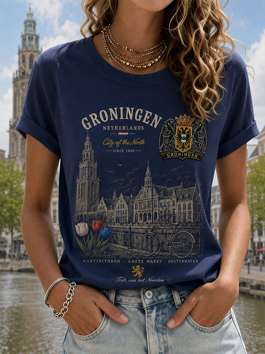 Dames-T-shirt met korte mouwen en grafische print van een stads souvenir