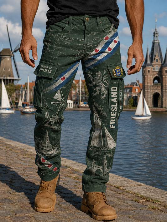 Herenbroek met stedelijk herdenkingsmotief en lange cargobroek