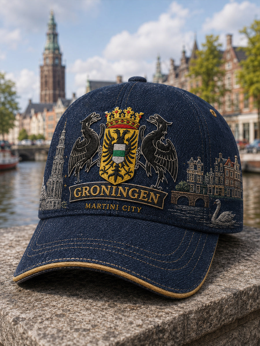 Hoed met stadsherdenking grafische afdruk