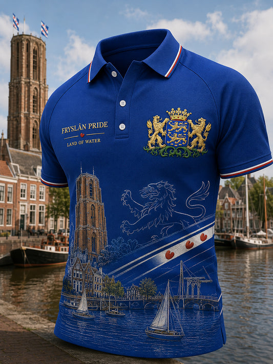 Herenpoloshirt met korte mouwen en stedelijk herdenkingsmotief