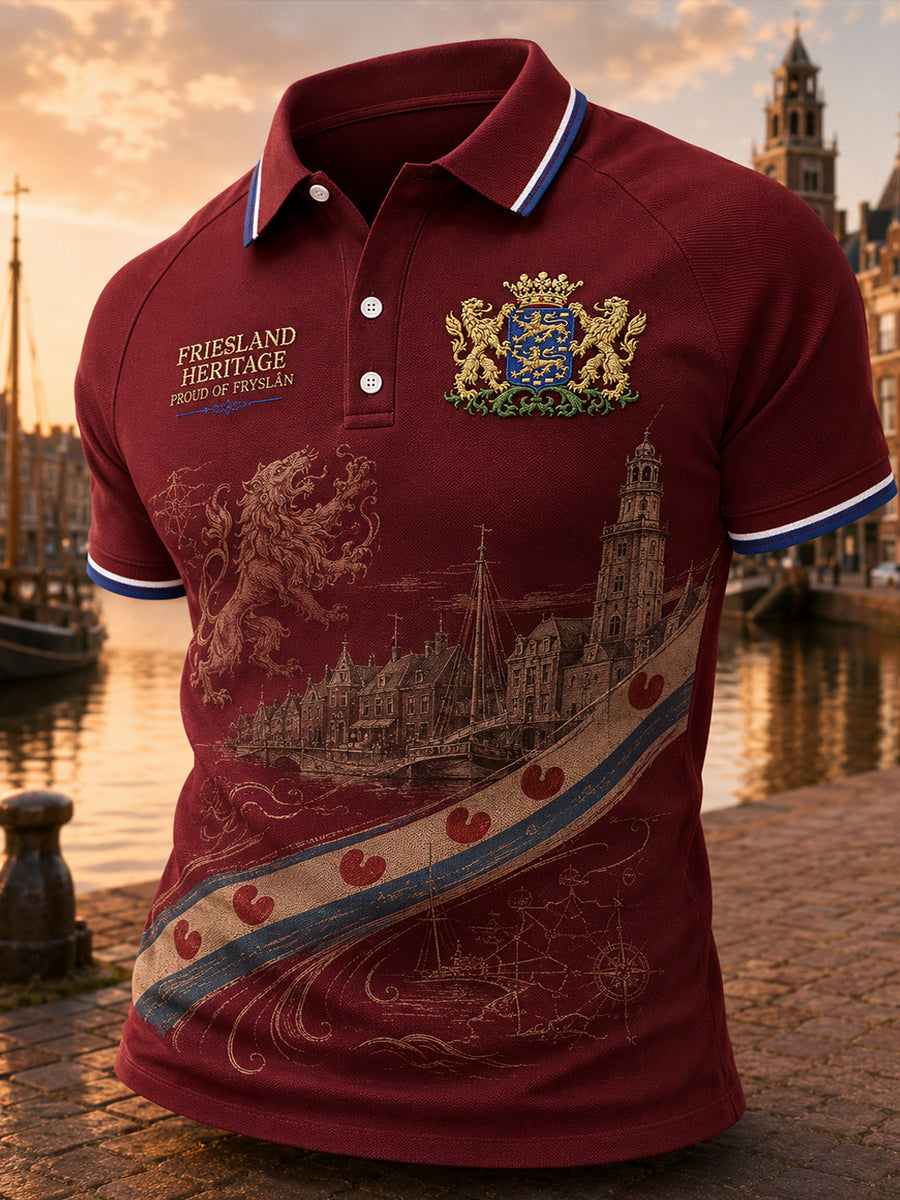 Herenpoloshirt met korte mouwen en stedelijk herdenkingsmotief