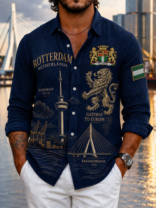 Herenoverhemd met stadsprint, wafelpatroon en lange mouwen
