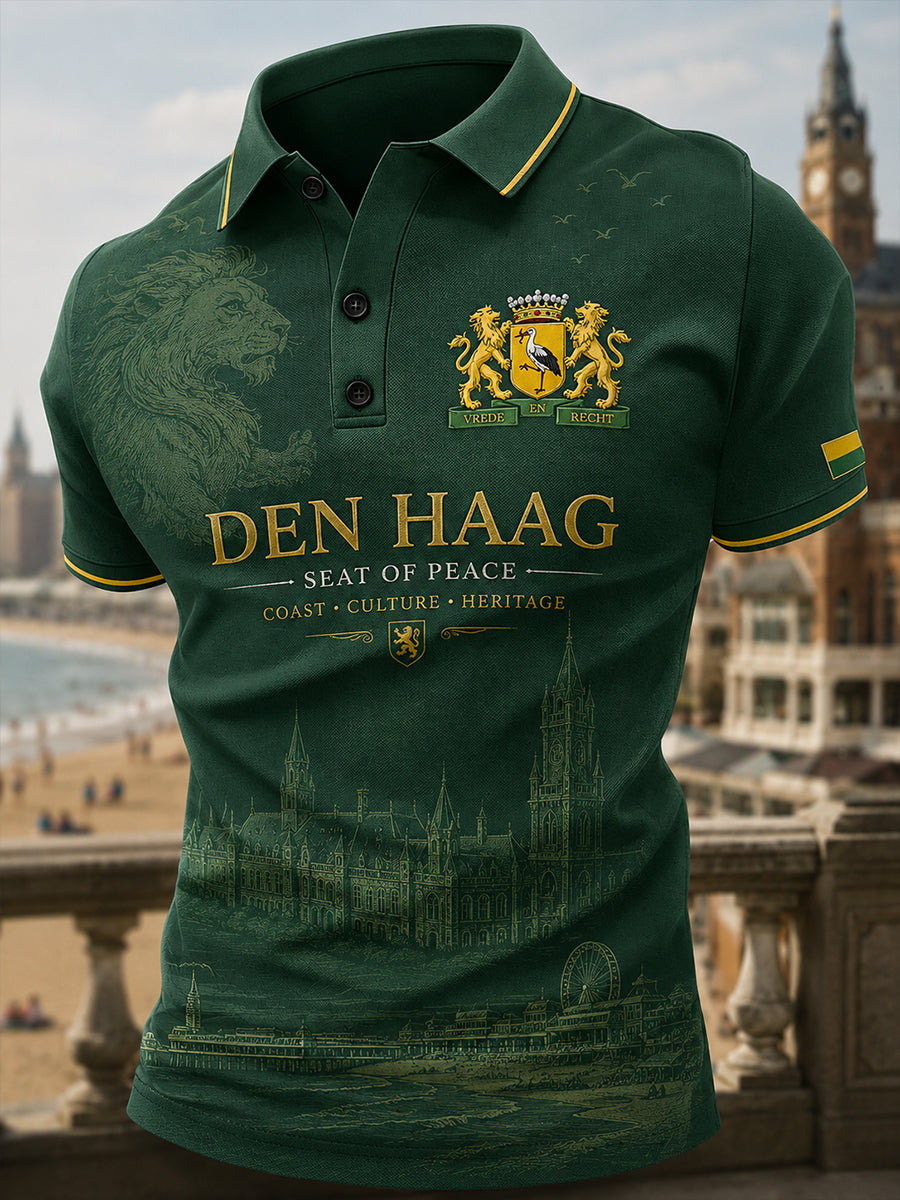 Herenpoloshirt met korte mouwen en stedelijk herdenkingsmotief