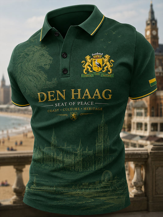 Herenpoloshirt met korte mouwen en stedelijk herdenkingsmotief