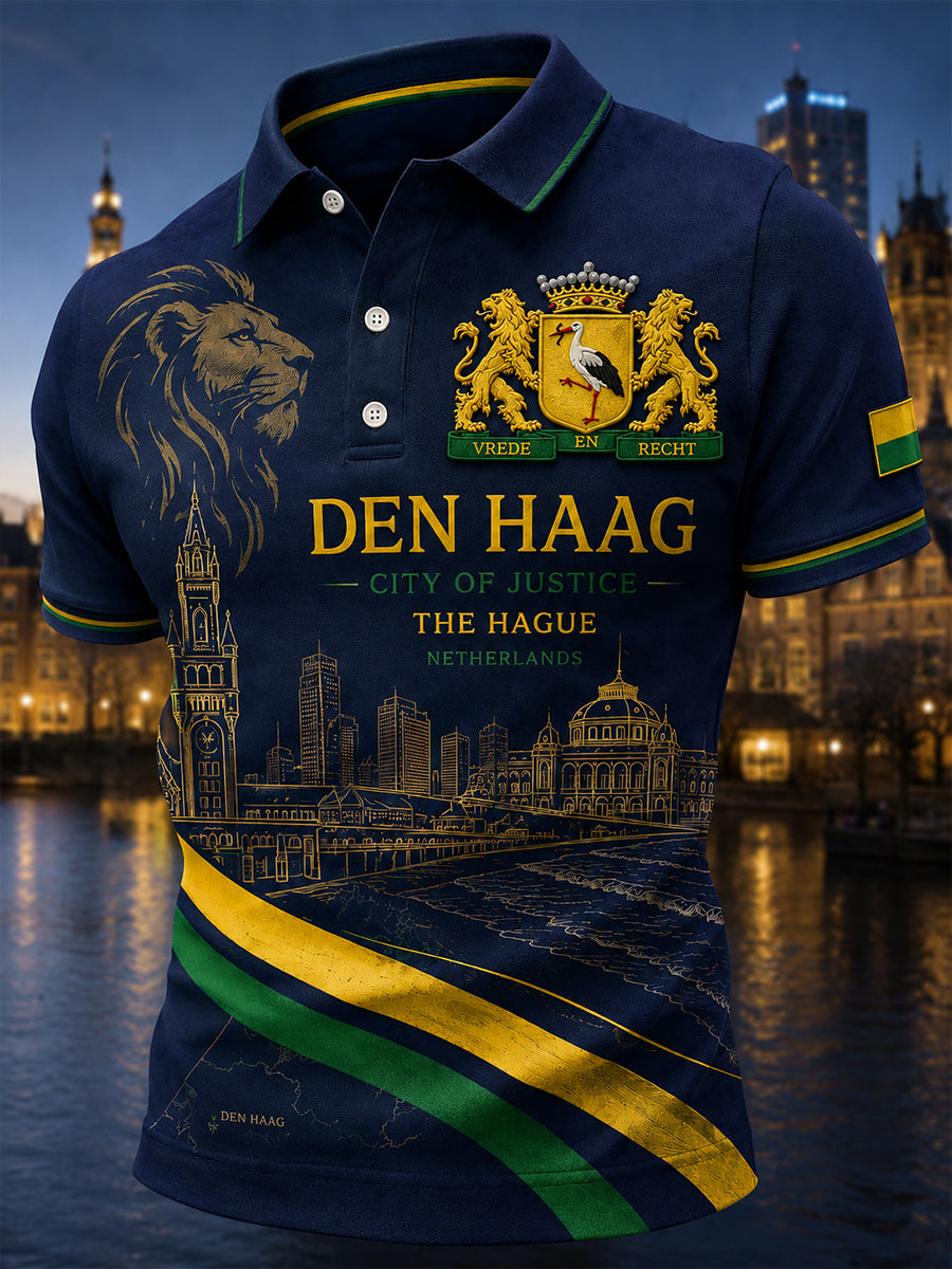 Herenpoloshirt met korte mouwen en stedelijk herdenkingsmotief