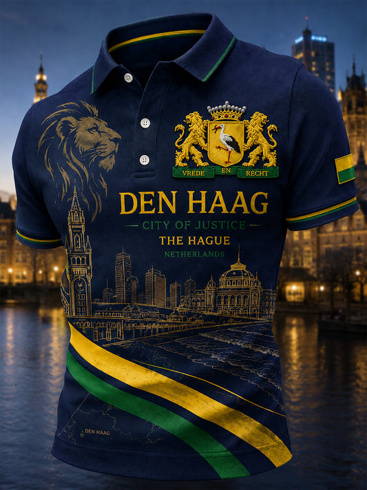 Herenpoloshirt met korte mouwen en stedelijk herdenkingsmotief