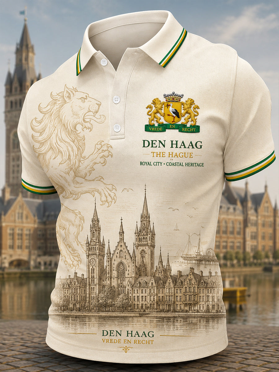 Herenpoloshirt met korte mouwen en stedelijk herdenkingsmotief