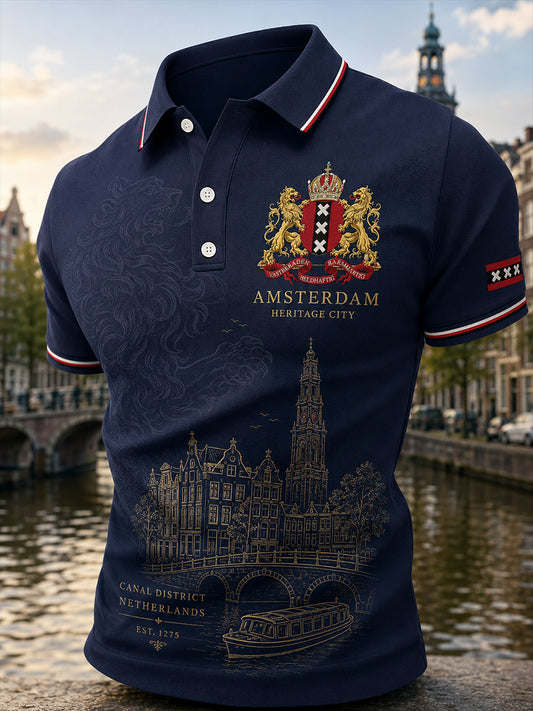 Herenpoloshirt met korte mouwen en stedelijk herdenkingsmotief