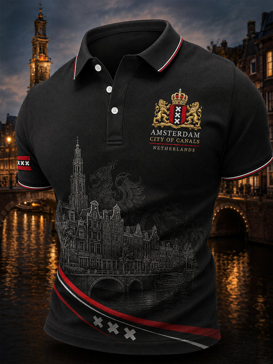 Herenpoloshirt met korte mouwen en stedelijk herdenkingsmotief